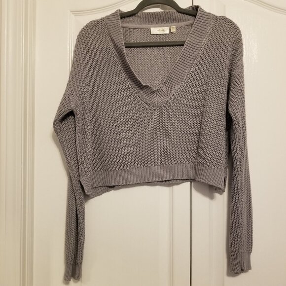 Purplish Grey Knit Cropped Sweater V-Neck Cotton Mix Medium Jumper Cozy Cloth - Picture 2 of 11